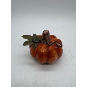 Vintage Ceramic Glossy Pumpkin Figurine Wire Stem & Leaf Home Decor 3"